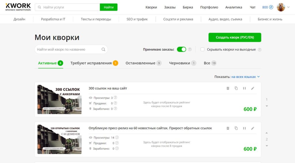 Работа фрилансером, на примере поиска заказчиков на бирже фриланса Kwork.ru